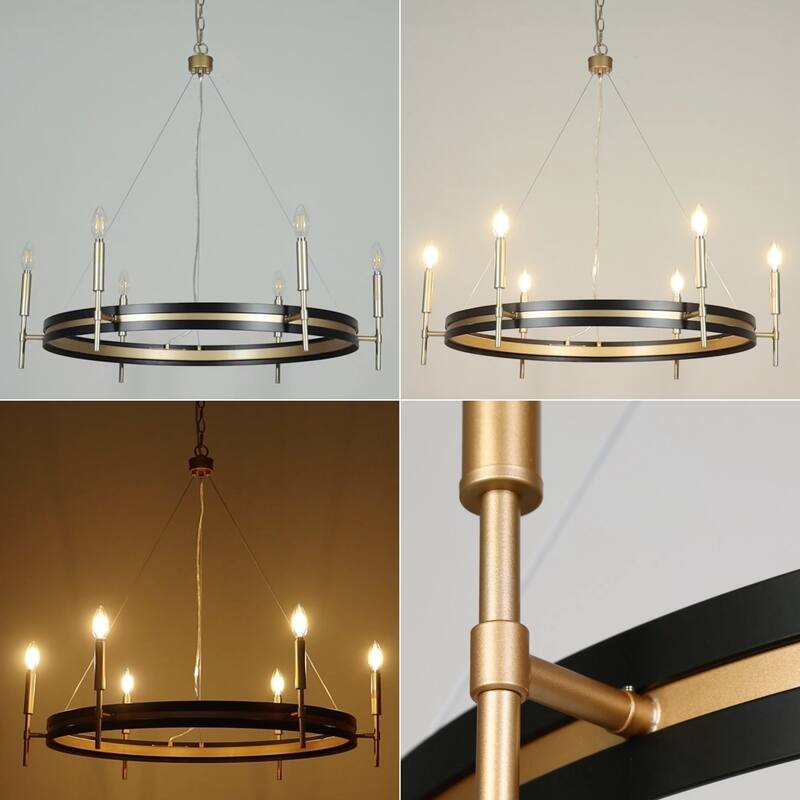 Modern Farmhouse 6-Light Black Gold Wheel Chandelier for Dining Living Room - D33.3" x H92.3" Max