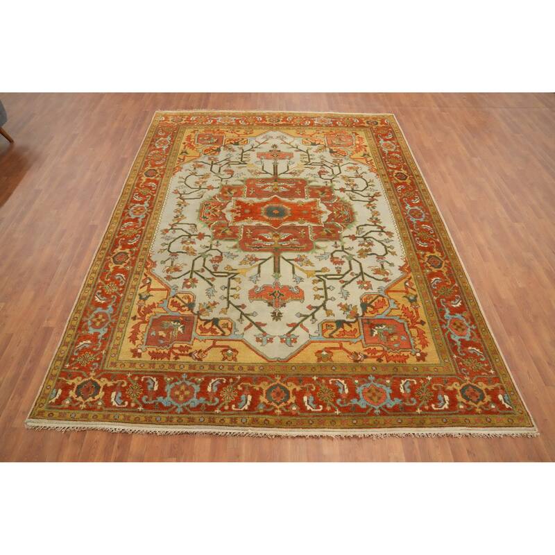 Hand Knotted Oriental 100% Wool Carpet Transitional Medallion Beige & Ivories Oushak Area Rug - 11' 9'' X 9' 0''