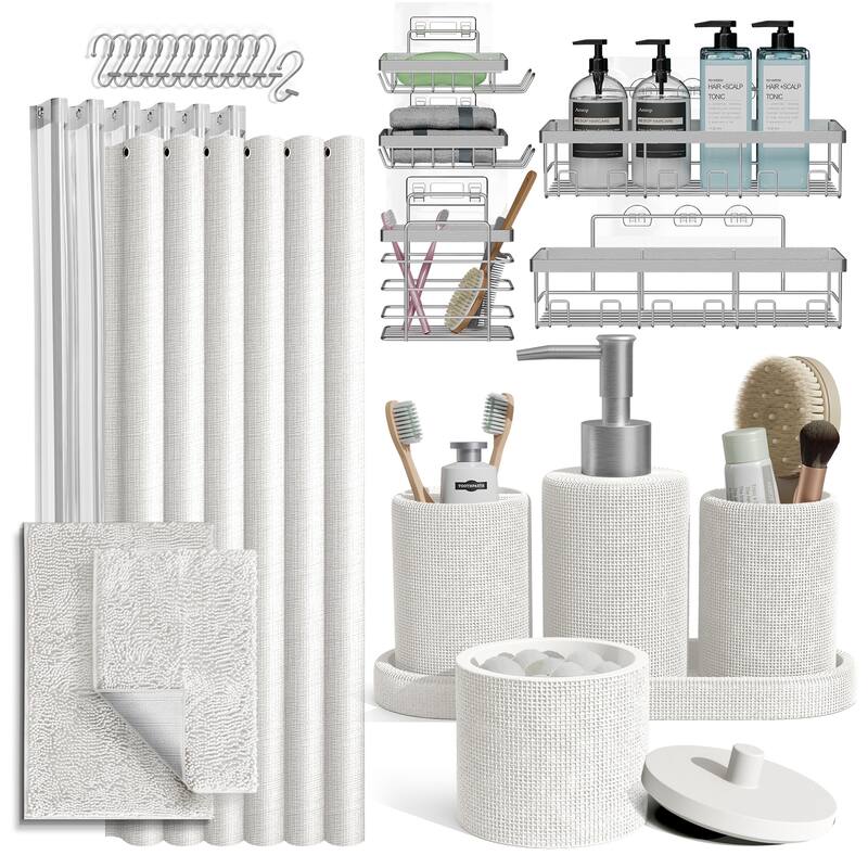 Clara Clark Complete Bathroom Accessories Set Shower Curtain, Bath Rugs & Shower Caddies