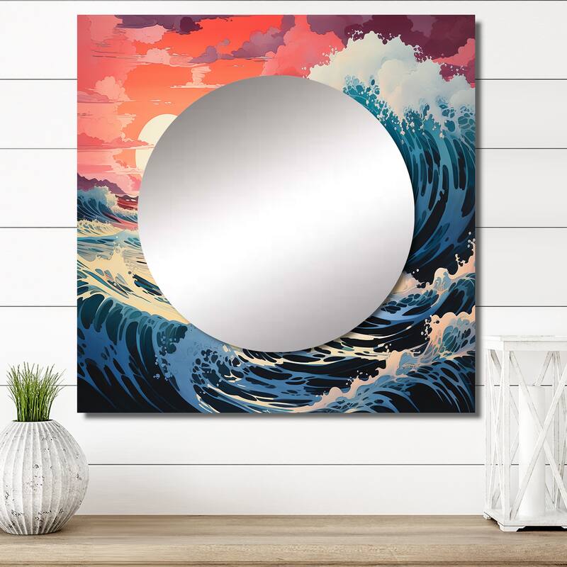 Designart "Dramatic Ocean Waves II" Modern Wall Mirror - Coastal Large Square Printed Mirror For Hallway