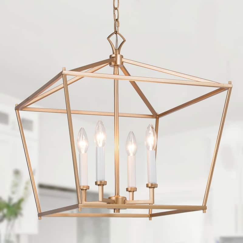 Modern Glam Gold 4-Light Geometric Lantern Cage Chandelier for Foyer - L17.5"*W17.5"*H20"