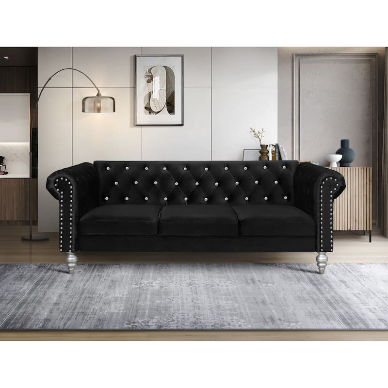 Clayfell Emma Velvet Rolled Arm Living Room Set - Sofa - Black
