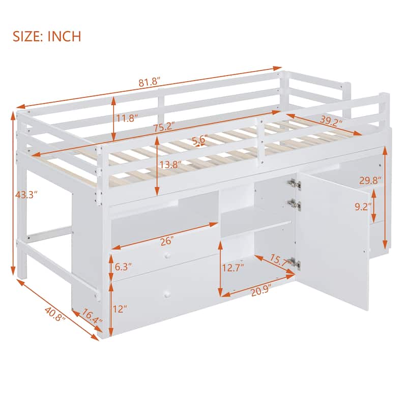 White Twin Size Solid Wood Loft Bed with Drawers and Cabinet