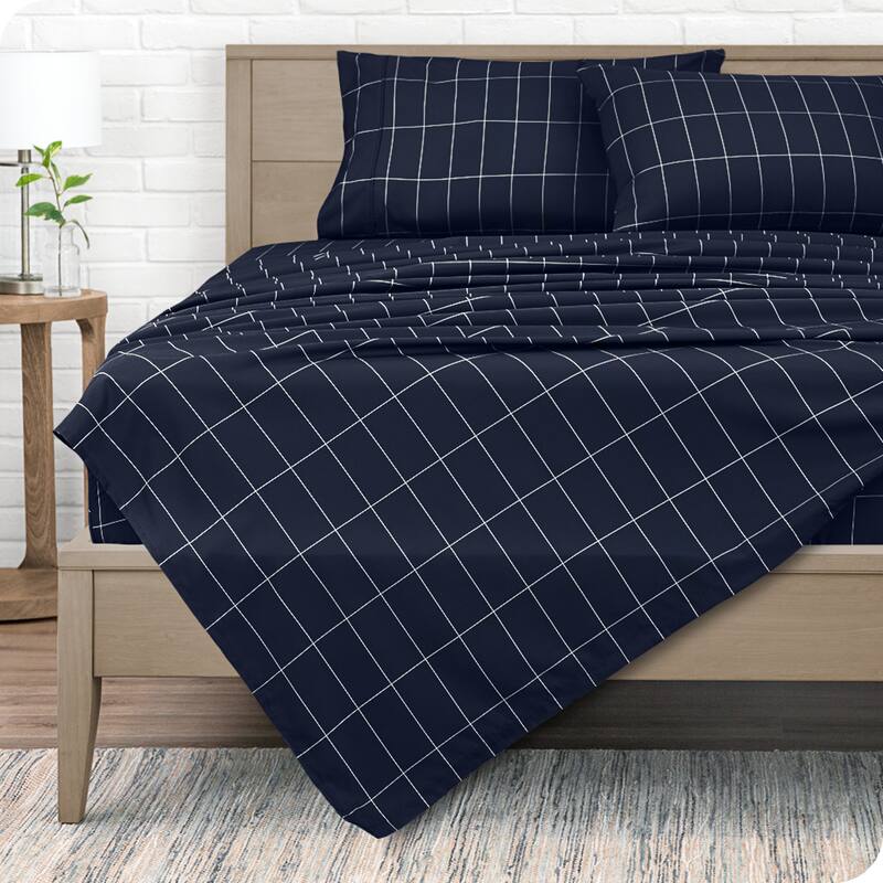 Bare Home Double Brushed Deep Pocket Printed Sheet Set - Queen - Grid - Midnight/White