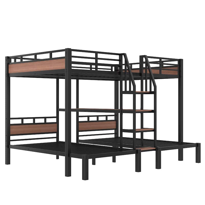 Queen Over Twin Over Twin Metal Bunk Bed ,Triple Metal Bunk Bed With Storage Shelves And Storage Stairs,Black