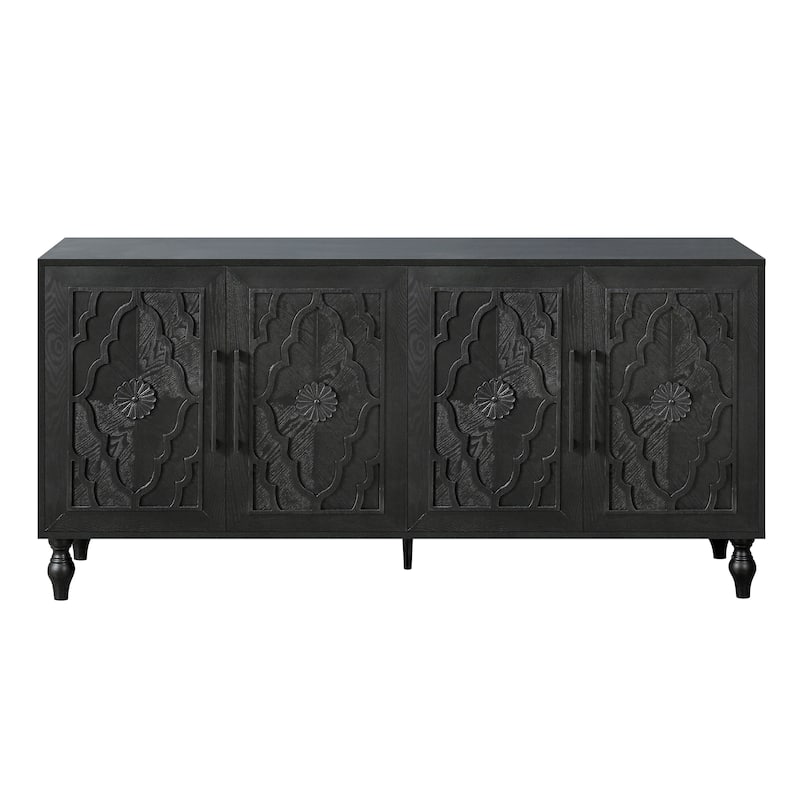 Carved Flower Door Large Storage Cabinet With Metal Handle