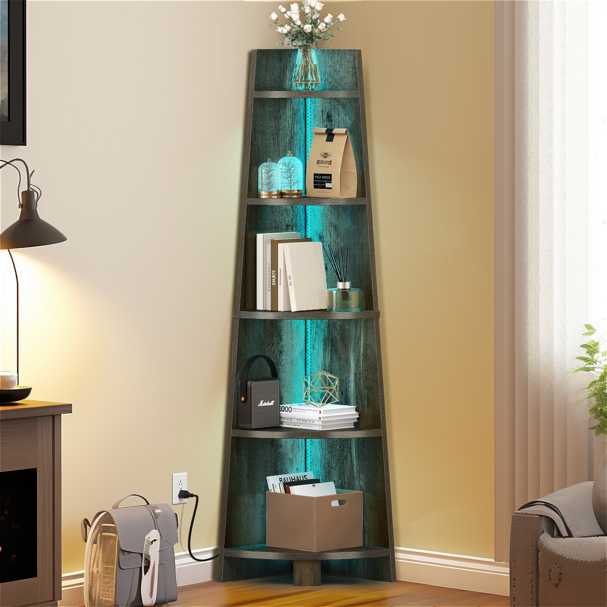 Moasis Modern 71 inch Tall Corner Shelf Ladder Corner Bookshelf Bookcase with LED Lights On Sale Bed Bath Beyond 40782325