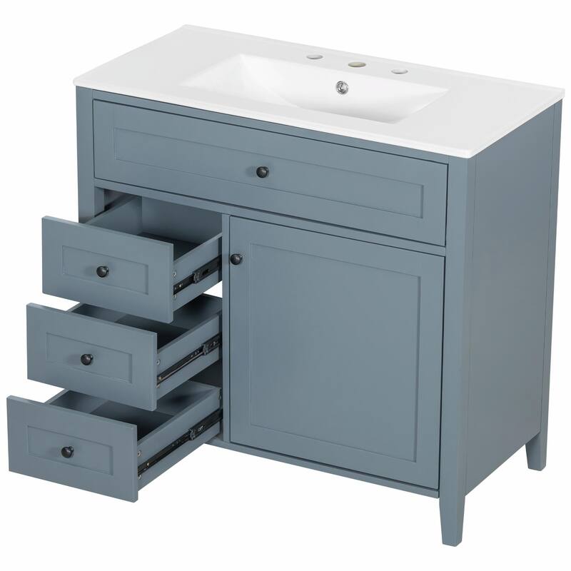 Bathroom Vanity with Sink, Modern MDF and Rubberwood Cabinet with 3 Drawers and Adjustable Shelf