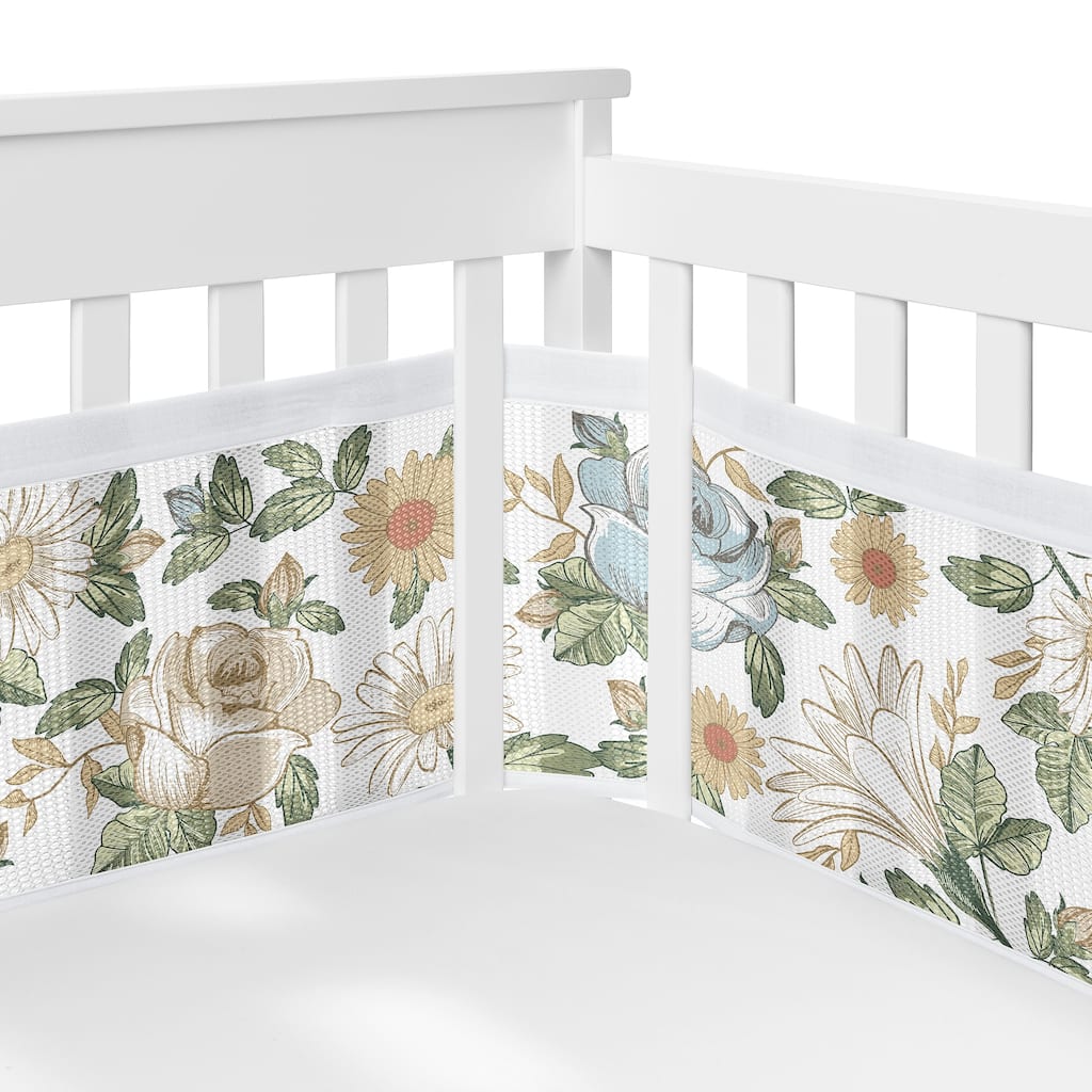 Sweet Jojo Designs + BreathableBaby Breathable Mesh Crib Liner Vintage Floral Blue Yellow Girl Rose Flower Boho