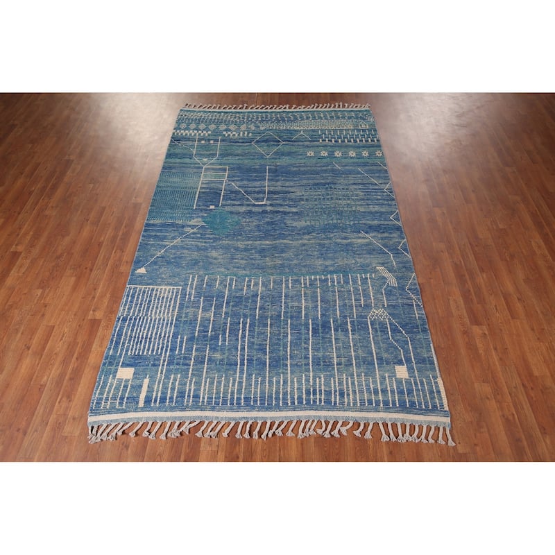 Blue Moroccan Area Rug Hand-Knotted Wool Carpet - 5'10"x 9'4"