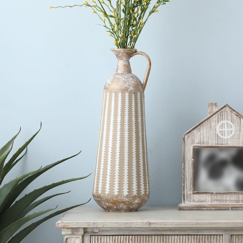 16.75-Inch H Distressed Tan and White Metal Table Pitcher Vase