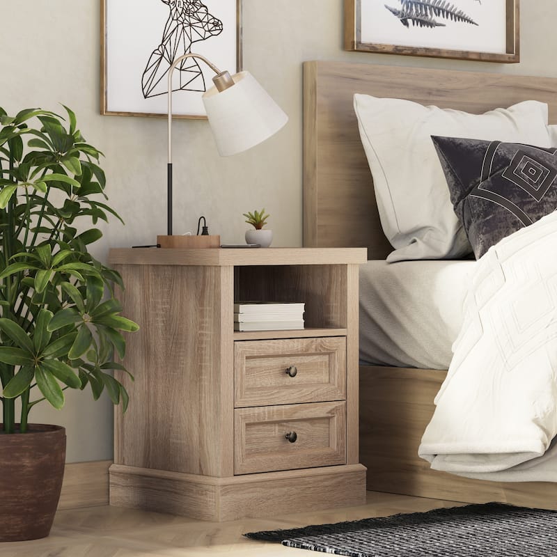COZAYH Farmhouse Nightstand with Charging Station, Vintage Bedside Table Featuring Outlet & USB Ports, 2 Drawers and Open Shelf