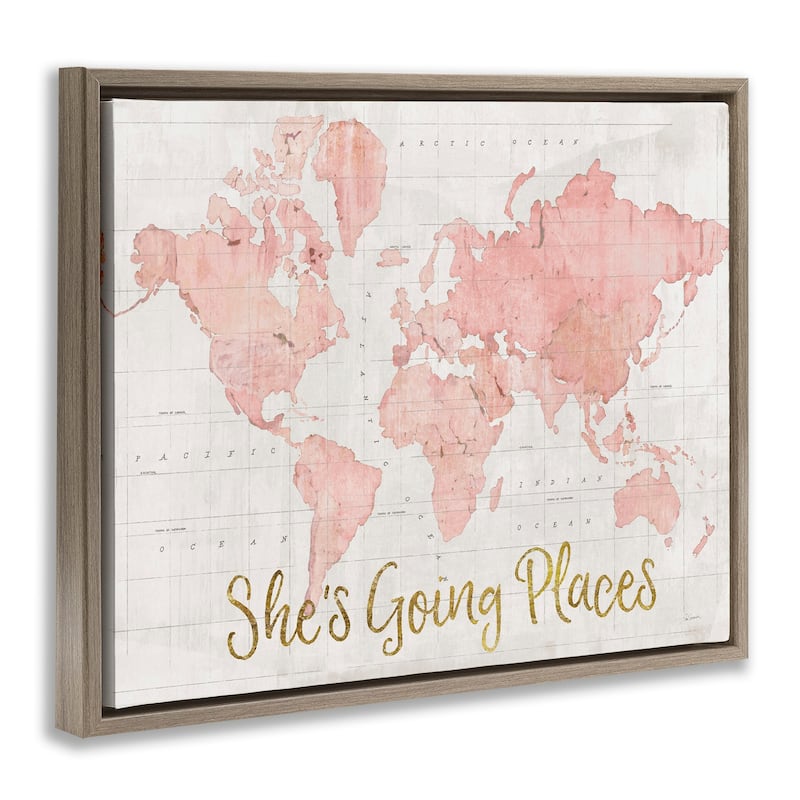 Stupell She's Going Places Quote Pink Watercolor World Map Floater Frame - Beige