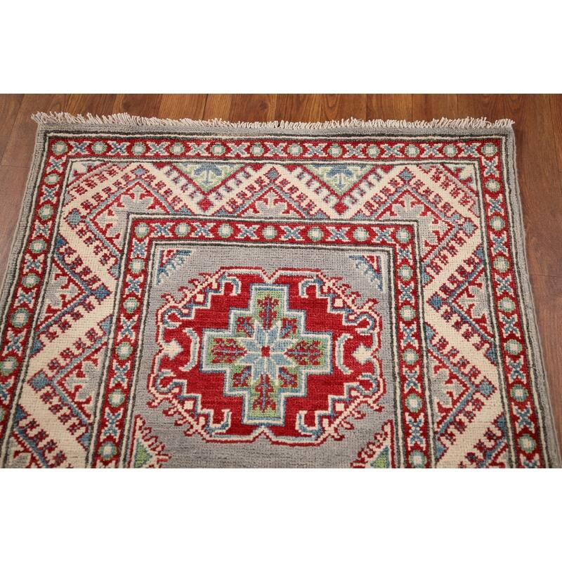 Grey Geometric Kazak Oriental Runner Rug Handmade Wool Carpet - 2'8" x 20'0"