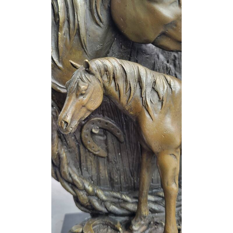 Equestrian Horse Lover Decor Mare Foal Bronze Sculpture Statue On Marble Base