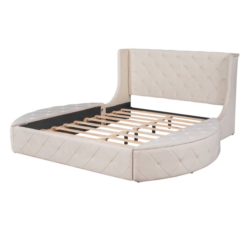 Queen Platform Bed Velvet Upholstered Bed with Wingback Headboard, 2 Side Storage Stool and Large Drawer, Round Low Profile Bed