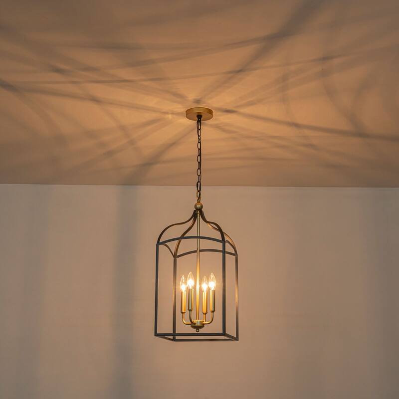 Farmhouse 4-Light Lantern Chandelir for Dining Room Foyer - Black & Gold