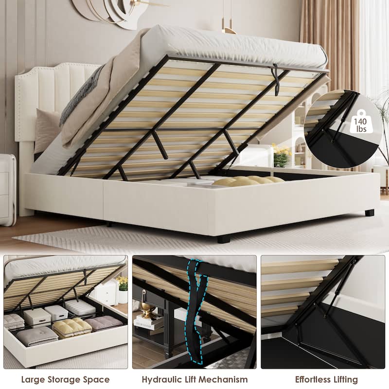 Queen Size Modern Velvet Upholstered Platform Bed with Storage Space