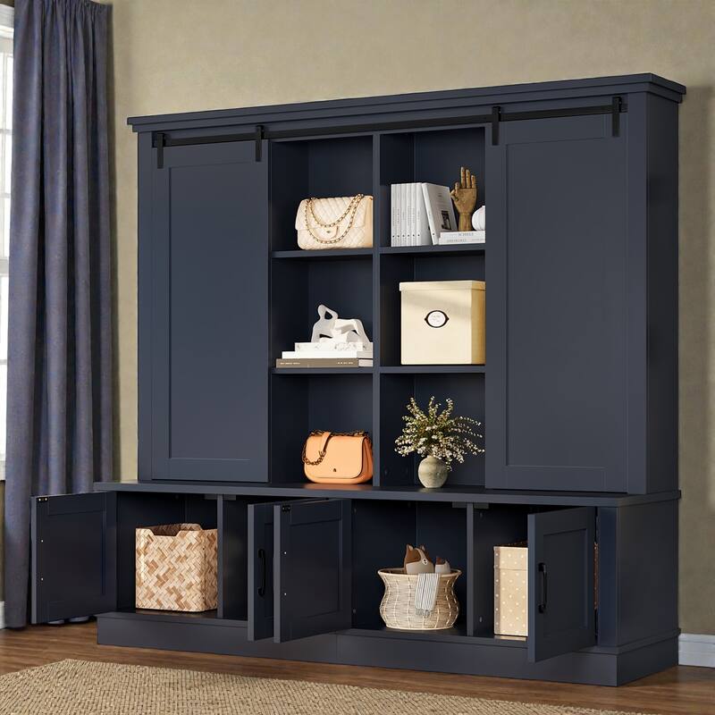 70.8 in Entryway Hall Cabinet with Sliding Barn Door, Multi-Tier Storage Shelves, 12 Compartments, Modern Mudroom Organizer
