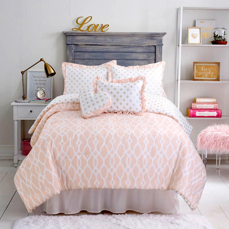 Cozy Line Peach Heart Polka Dot Reversible Bedding Comforter Set