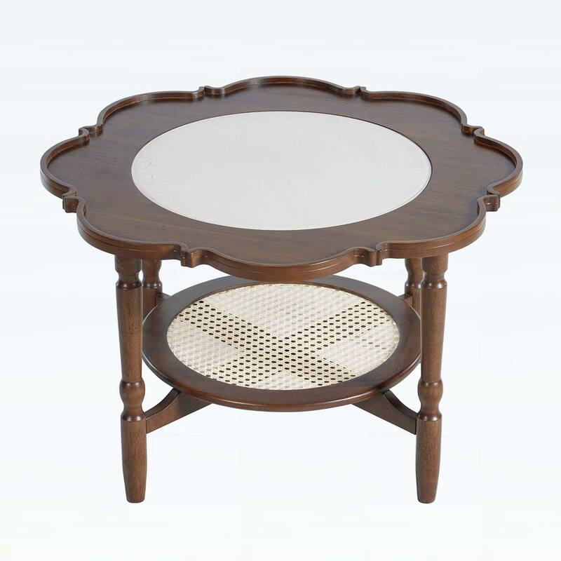 Mid-Century Style Coffee Table with Petal Shape and White Crackle Pattern Glass,2-Tiered Storage