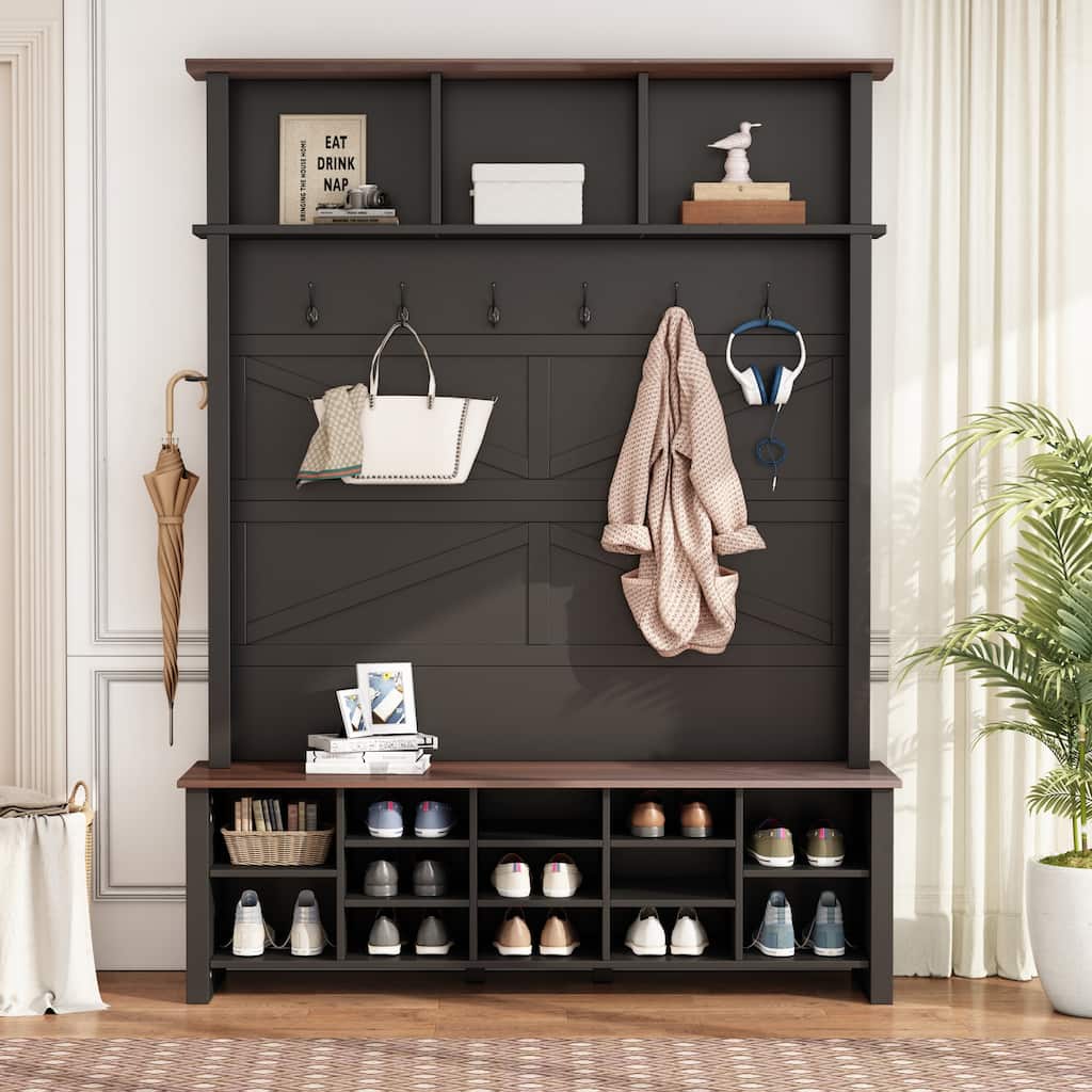 4-in-1 Hall Tree with Adjustable Shelves & Umbrella Holder, Wooden Shoe Cabinet with 16 Open Compartments