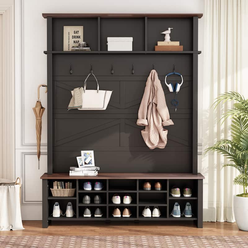 Farmhouse 4-in-1 Hall Tree with 6 Hooks, Walnut Entryway Bench with Adjustable Shelves & 16 Open Compartments - Black