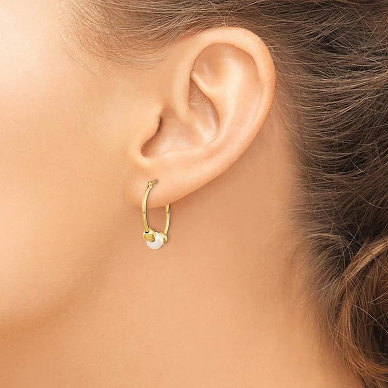 Curata 14k Yellow Gold Freshwater Cultured Pearl and Bead Hoop Earrings (21x19mm)