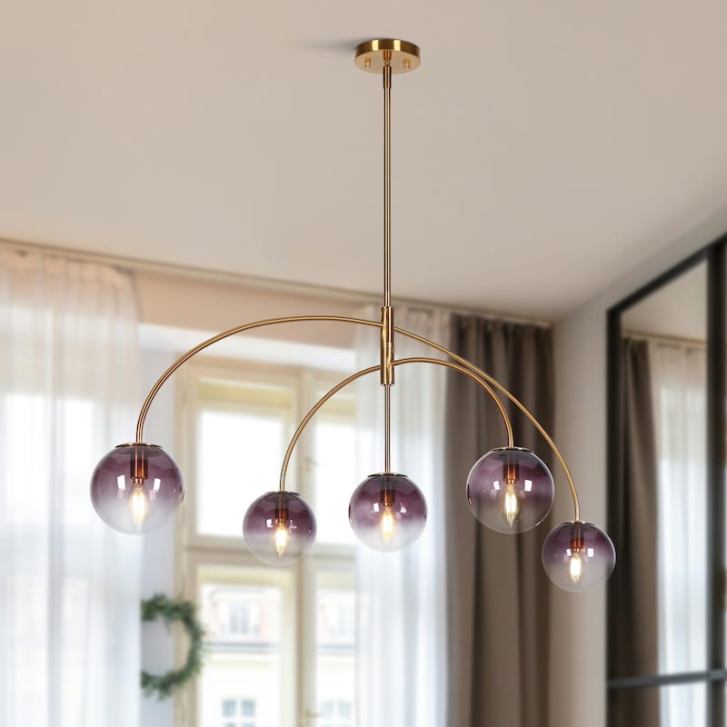 Modern Glam 5-Light Linear Branch Art Decor Chandelier with Smoked Purple Orb Glass - 46"W x 26"D x 20.8-80.8"H