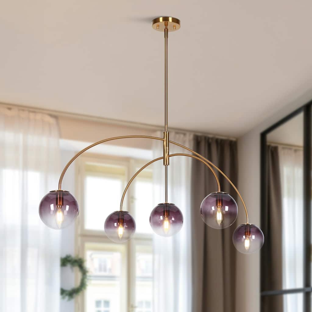 Modern Glam 5-Light Linear Branch Art Decor Chandelier with Smoked Purple Orb Glass - 46"W x 26"D x 20.8-80.8"H