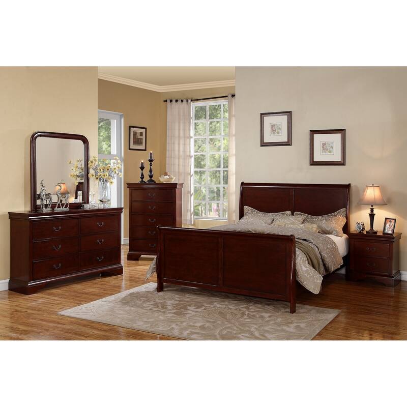 Queen Size Sleigh Design Bedframe in Dark Cherry, Contemporary Style