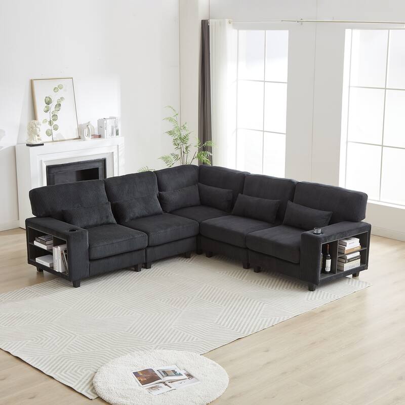 102.75" Corduroy L-Shaped Modular Sectional Sofa with Storage - Black