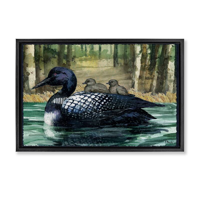 Stupell Loon Family on Lake Framed Floater Canvas Wall Art Design By Paul Brent - 25 x 17 - Black