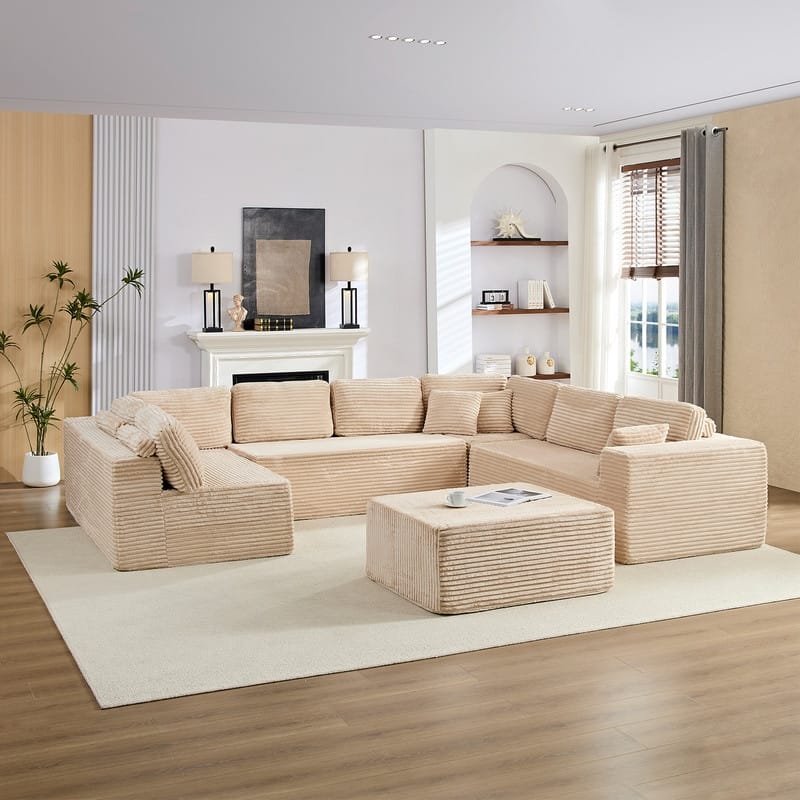 Corduroy 141'' Deep Seat Modular Sectional Sofa, Modern 8-Seater U-Shape Sofa Couch with Moveable Ottoman