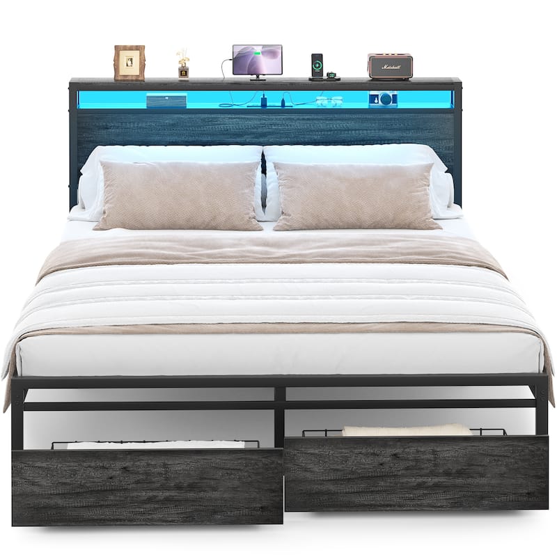 Platform Bed with Storage Headboard, Bed Frame with Charge Station and LED Light
