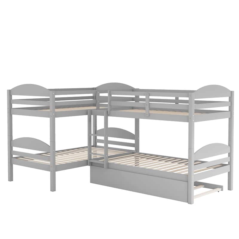 Twin L-Shaped Bunk Bed with Trundle Solid Pine Wood Convertible Beds