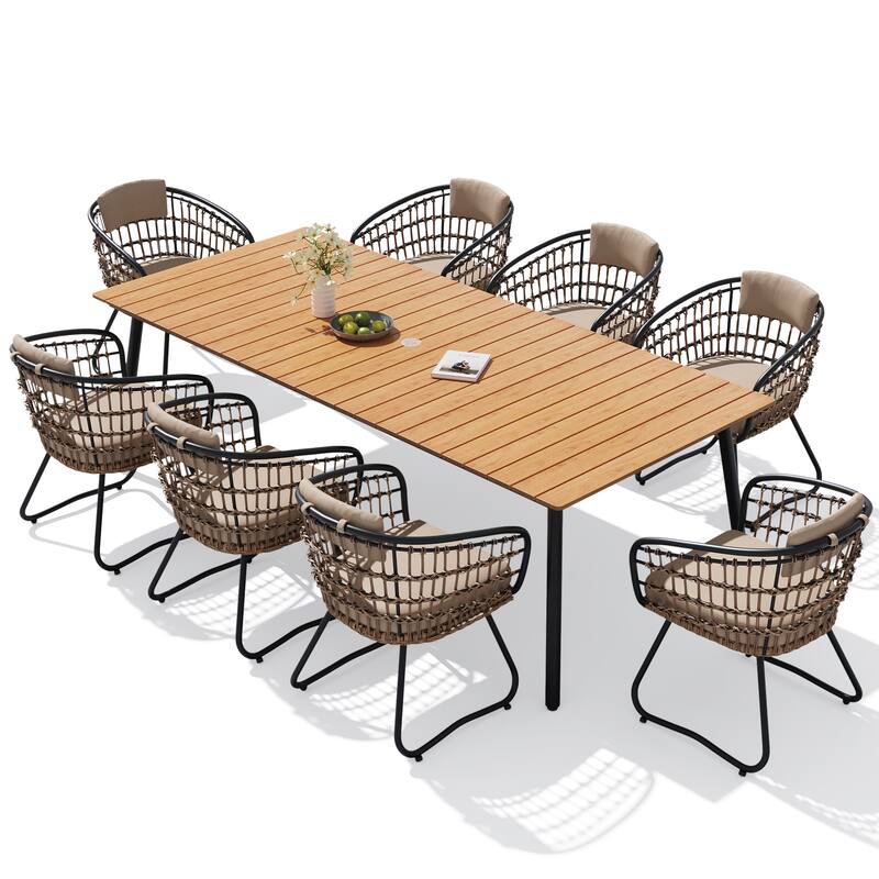 9-Piece Outdoor Patio Dining Set Wood-Like Table Top Alumium Umbrella Hole Table with PE Rattan Chairs