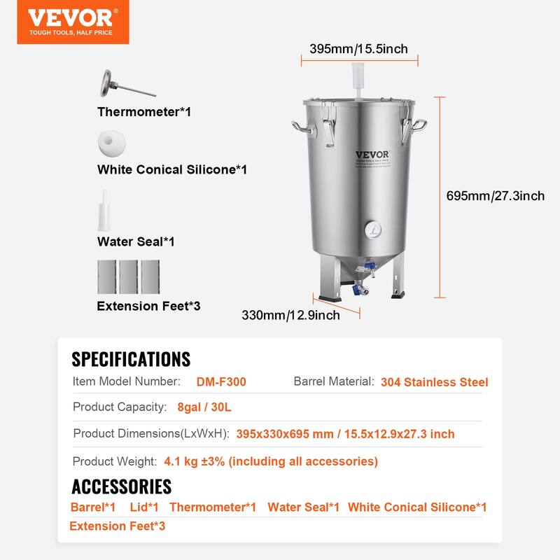 VEVOR 304 Stainless Steel Kettle Beer Brew Fermentor Brew Bucket Fermentor for Brewing