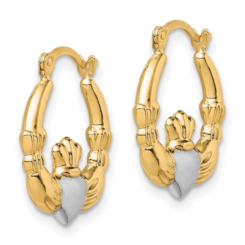Curata 10k White Gold Polished Hinged Post and Rhodium Irish Claddagh Celtic Trinity Knot Hollow Hoop Earrings - 18x16mm