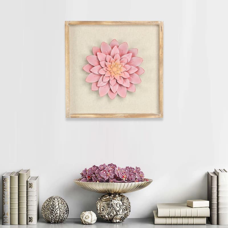 Pink Wood Framed Metal Flower Wall Decor
