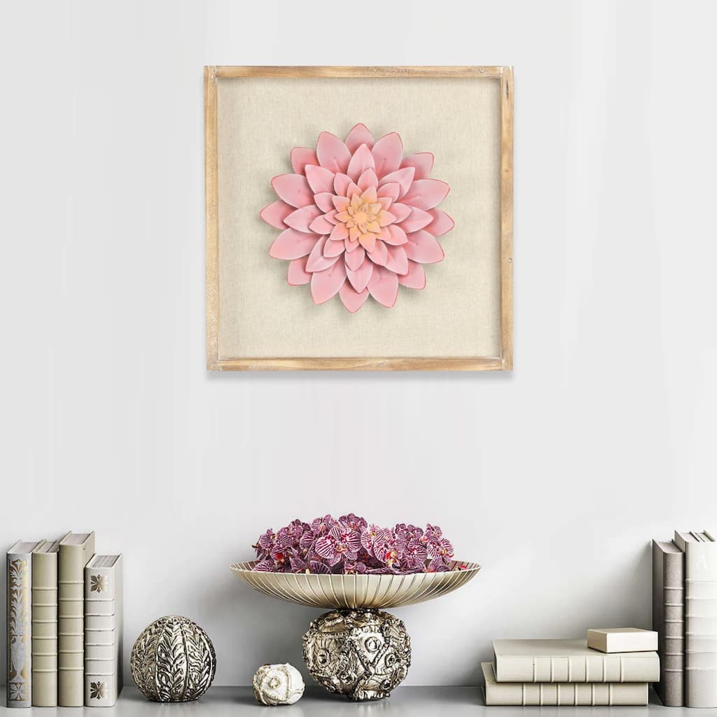 Pink Wood Framed Metal Flower Wall Decor