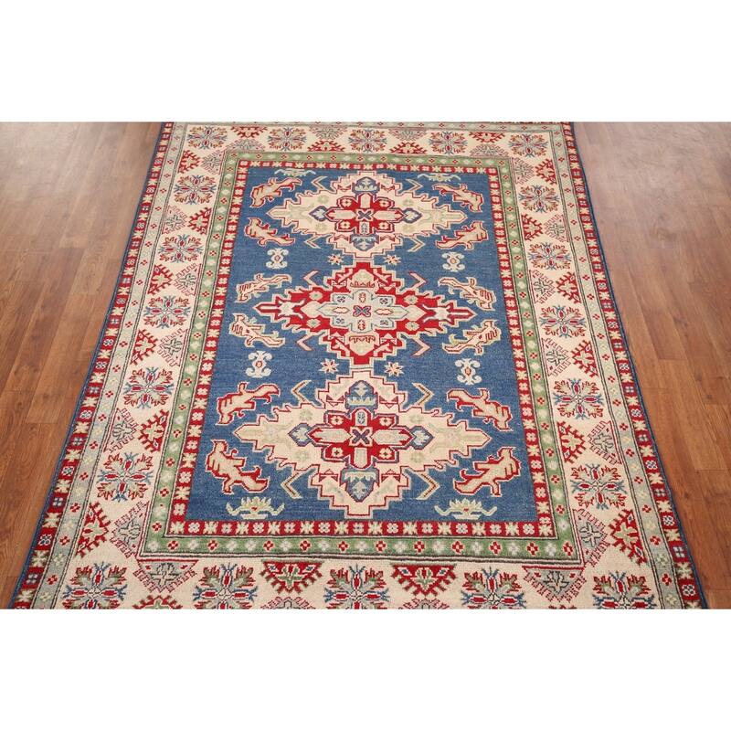 Blue Geometric Kazak Area Rug Hand-Knotted Geometric Wool Carpet - 5'0" x 6'8"