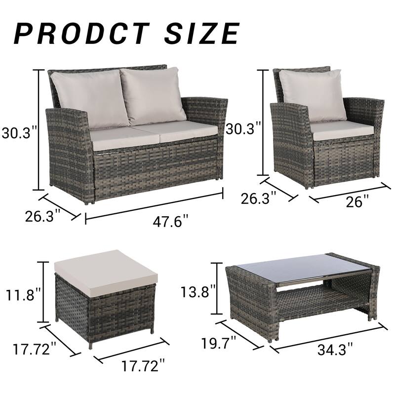 6 Piece Wicker Patio Furniture Sets, Outdoor Sectional Conversation Set with Ottoman and Tempered Glass Coffee Table