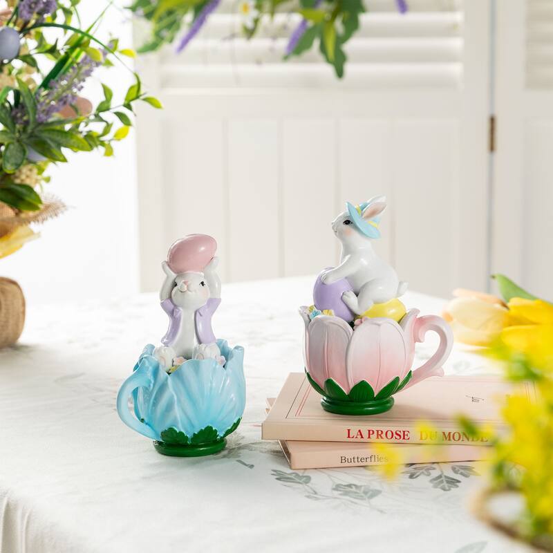 Glitzhome Easter 9.75"H Resin Bunny Figurine Table Decor Gifts (Set of 2)