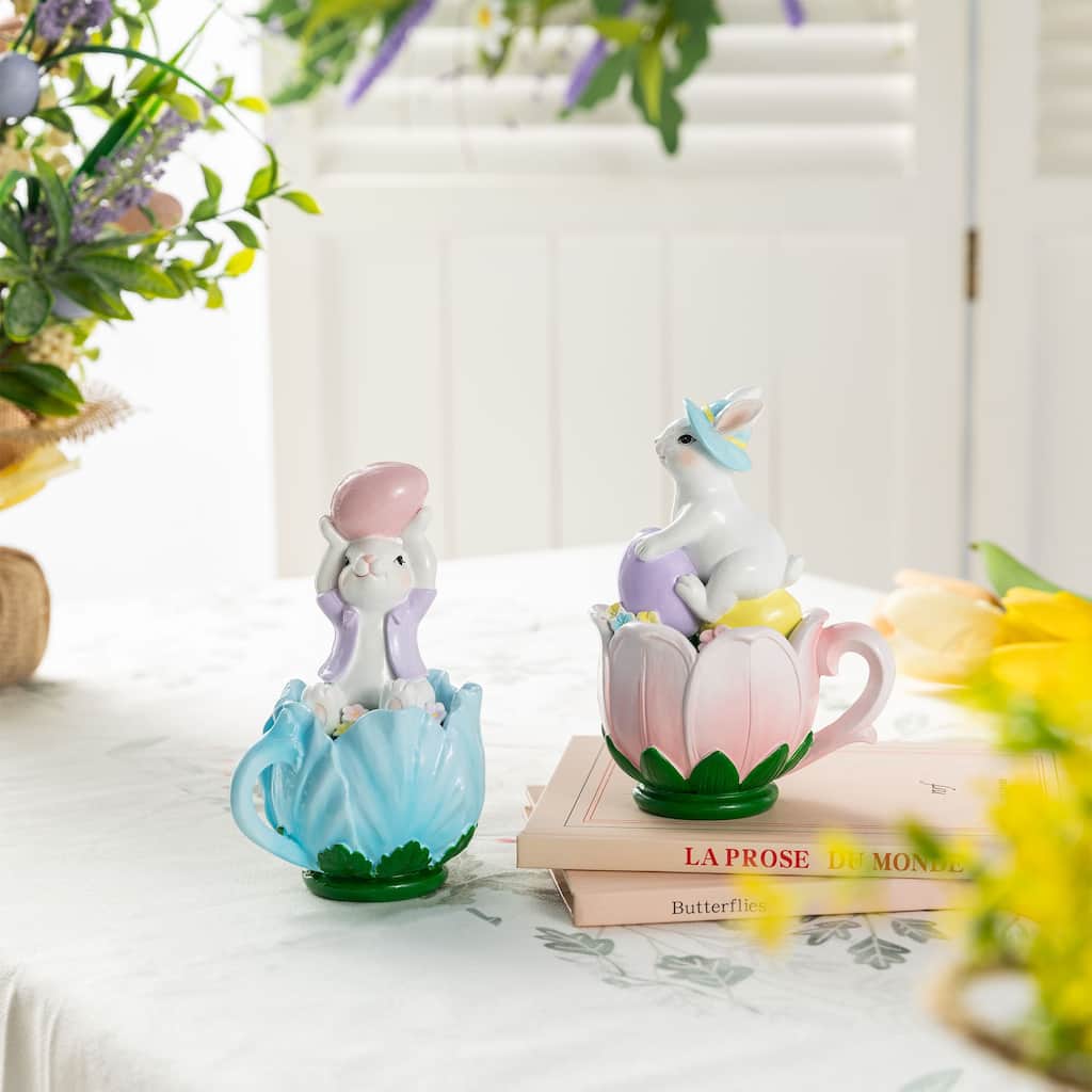 Glitzhome Set of 2 Easter Resin Bunny Table Decor Rabbits Figurines Party Ornaments