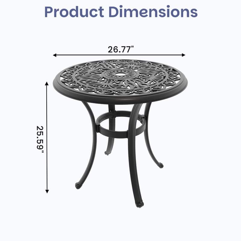 26.77 inch Black Round Cast Aluminum Patio Table with Umbrella Hole & Retro Design