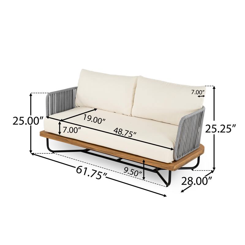 Roomfitters Outdoor Acacia Wood Rope Woven Loveseat with Coffee Table, Durable Frame and Cozy Cushions