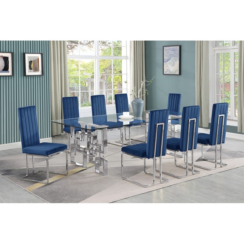 Best Quality Furniture Big Glass Dining Sets - 9pc - Chrome - Navy Blue 