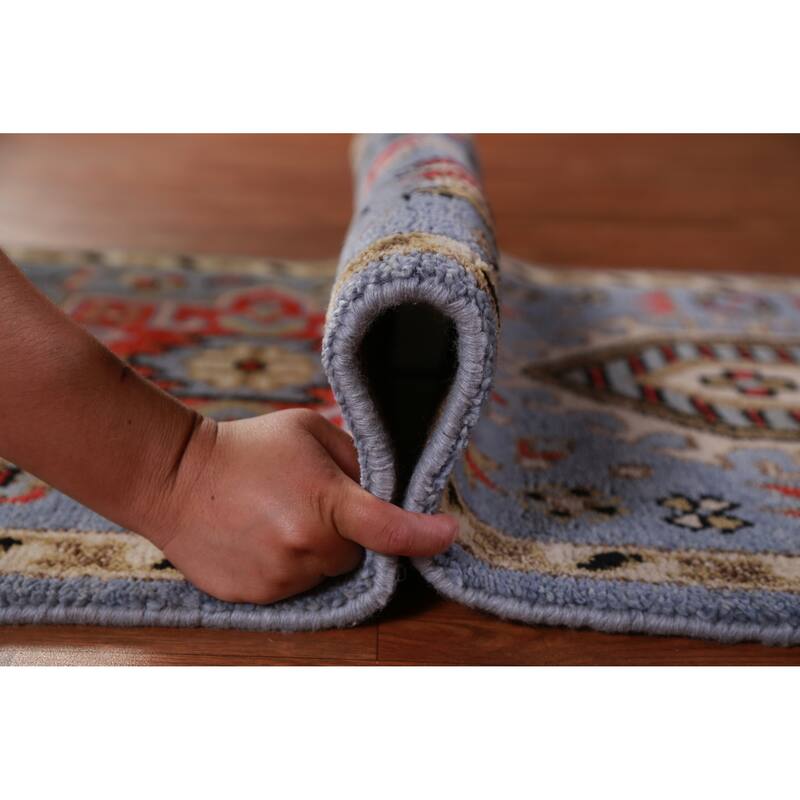 Hand Knotted Oriental 100% Wool Carpet Traditional Geometric Navy Blue & Blues Heriz (serapi) Runner Rug - 7' 6'' X 2' 7''