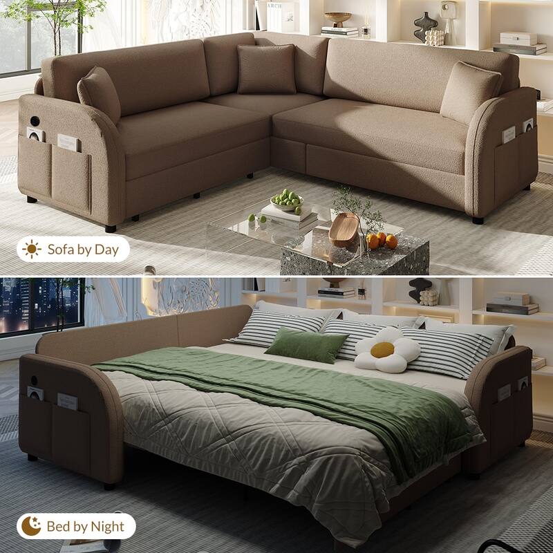 85" L-Shaped Convertible Sleeper Sofa with Pull-Out Bed, Teddy Upholstery & USB Ports